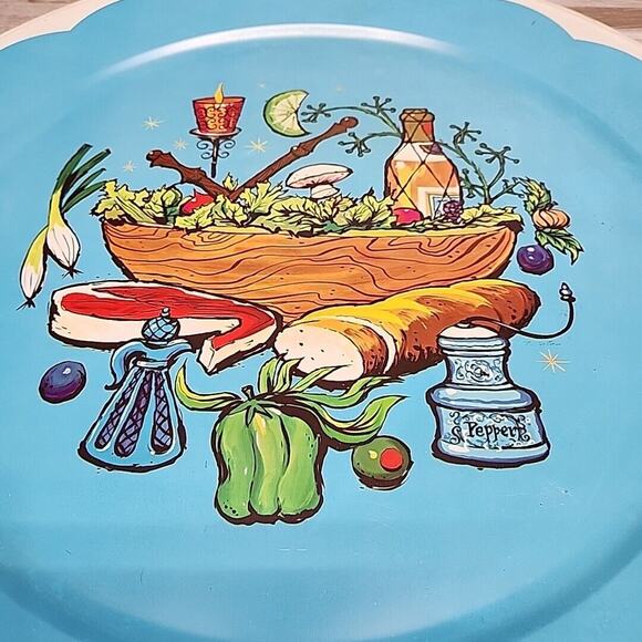 Vintage MCM Retro Metal Serving Tray Kitchen Blue Fruit for Eaton's of Canada. - Picture 2 of 5